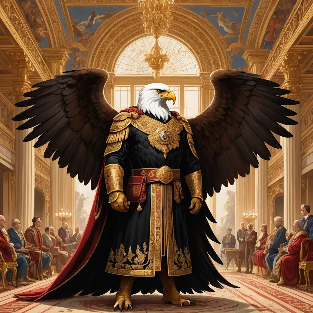 a painting of a bald eagle in a palace setting with a red cape and gold armor on his chest, neoclassicism, concept art, Anne Stokes, regal