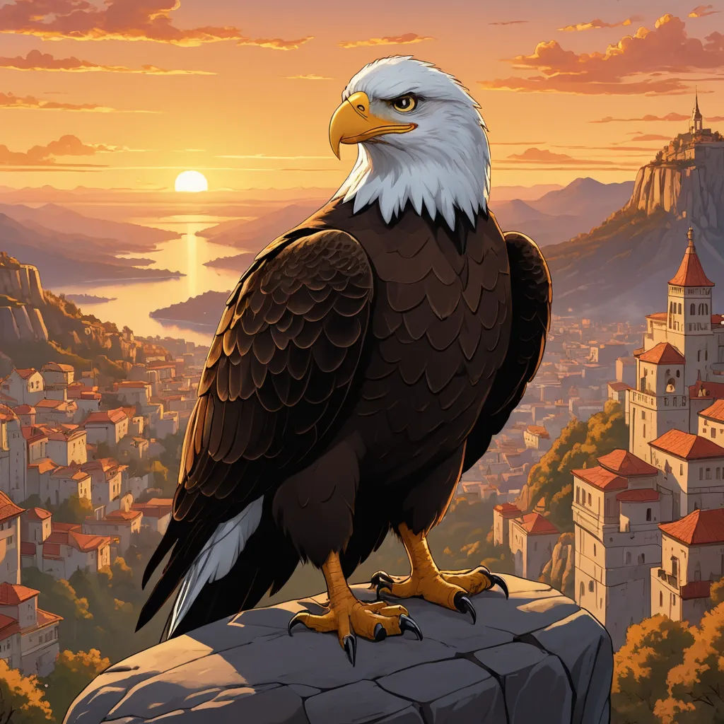 a bald eagle sitting on a rock overlooking a city at sunset with a sunset in the background and a castle in the foreground, american scene painting, a detailed matte painting, Dan Mumford, city background