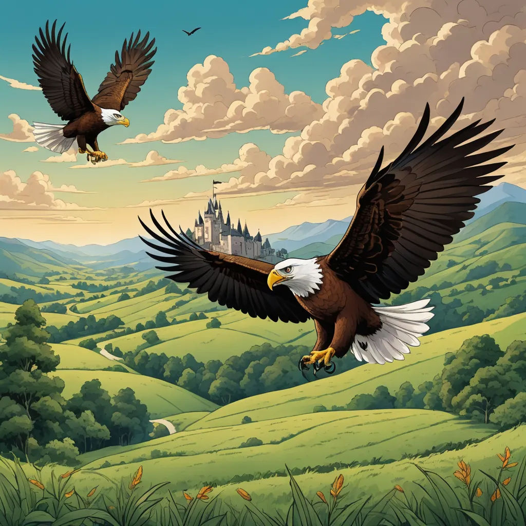 a painting of two eagles flying over a green landscape with a castle in the background and a bird flying over the landscape, fantasy art, a detailed matte painting, Dan Mumford, highly detailed digital painting