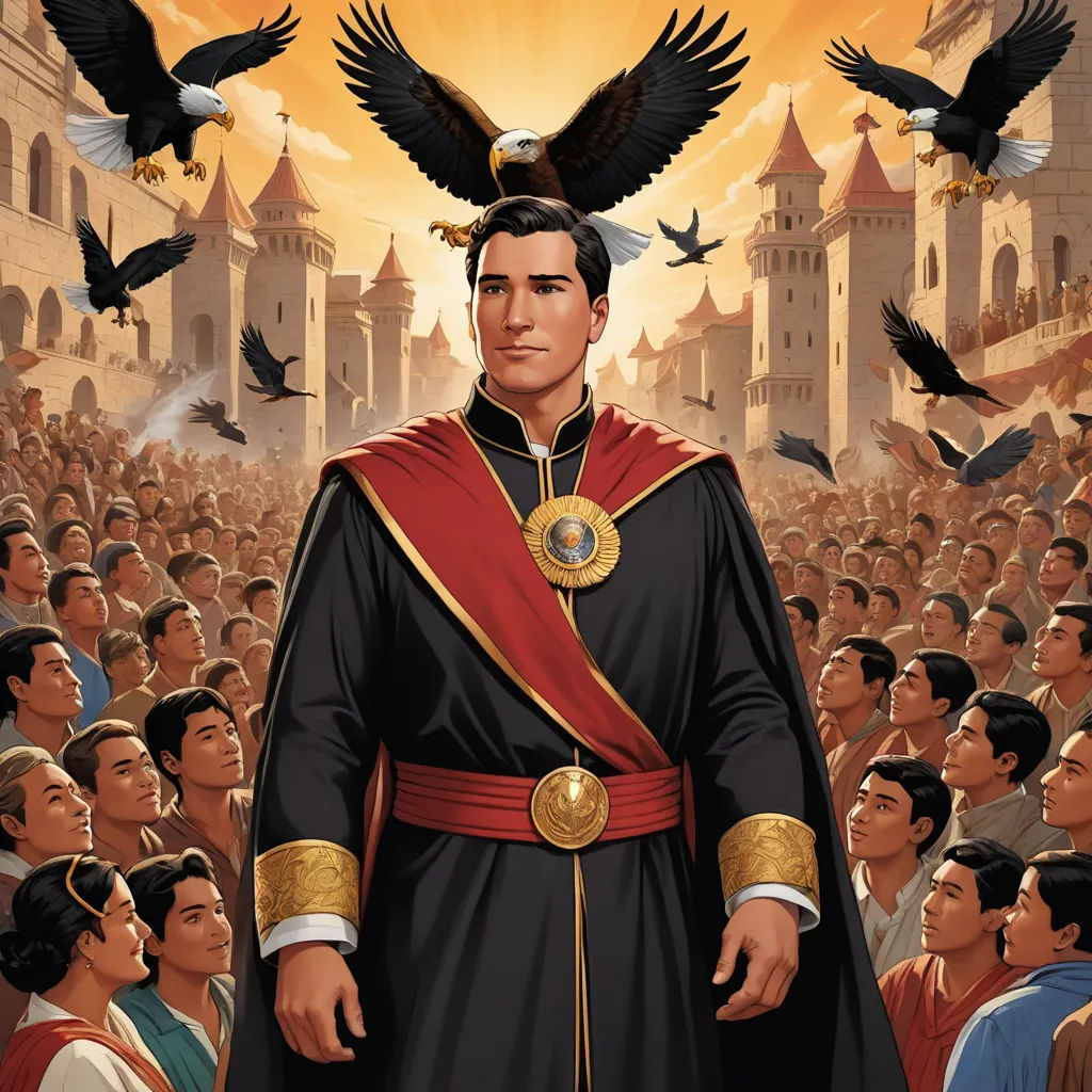 a man in a black and red outfit surrounded by birds and a castle with a golden crown on his head, magical realism, a comic book panel, Altoon Sultan, graphic novel