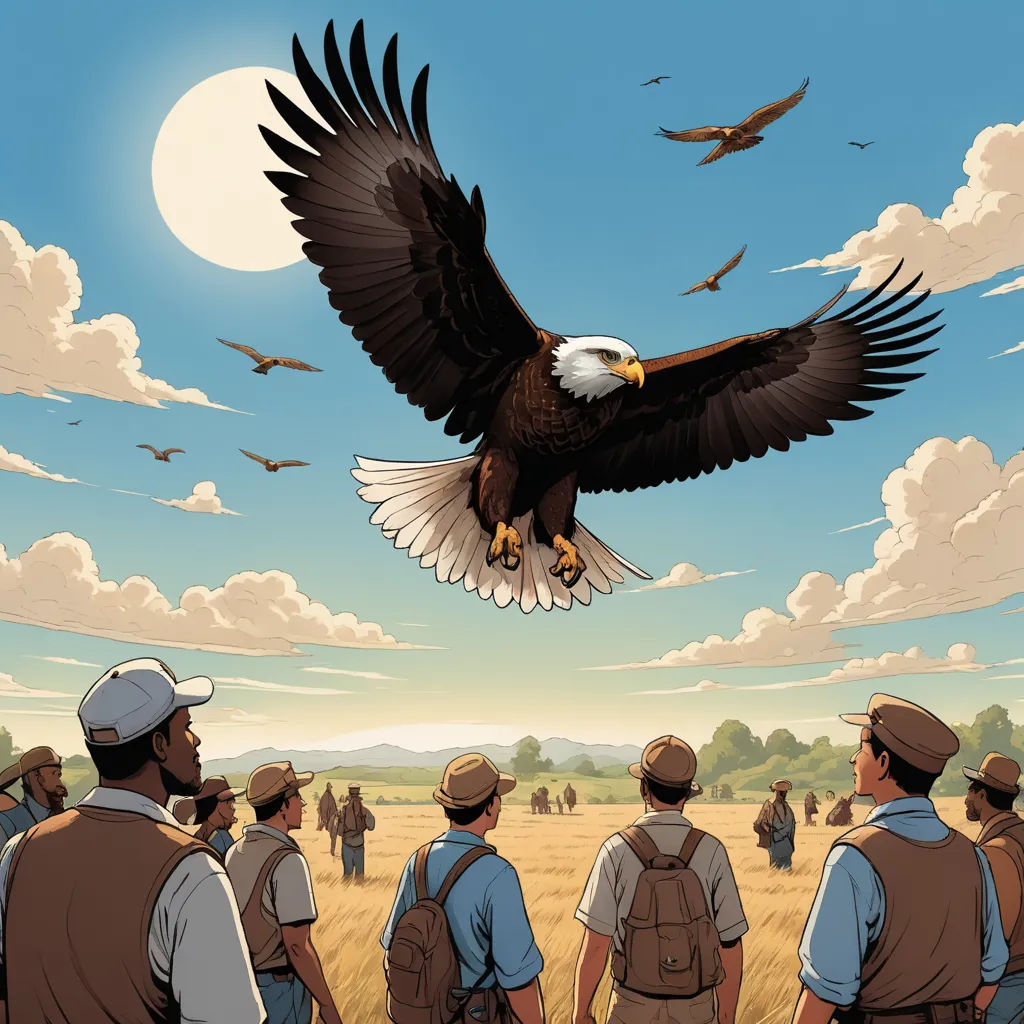 a painting of a bald eagle flying over a group of people in a field with a full moon in the background, american realism, a comic book panel, Dan Mumford, laurie greasley
