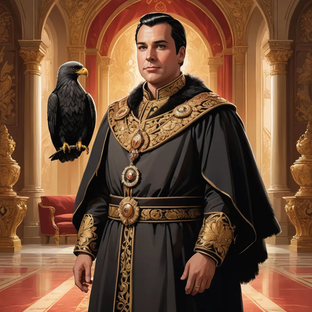 a man in a black and gold outfit with a bird on his shoulder and a golden crown on his head, sots art, a character portrait, Edwin Georgi, character portrait