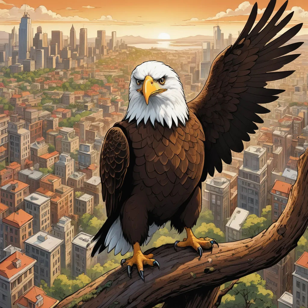 a bald eagle perched on a tree branch in a cityscape with a sunset in the background and a cityscape in the foreground, american scene painting, a comic book panel, Dan Mumford, comic cover art