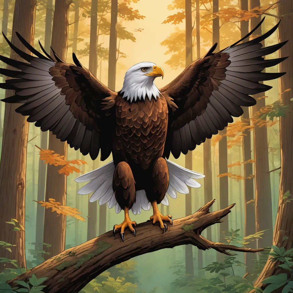 a bald eagle perched on a tree branch in a forest with yellow leaves and a yellow sky in the background, american scene painting, a digital painting, Americo Makk, highly detailed digital painting