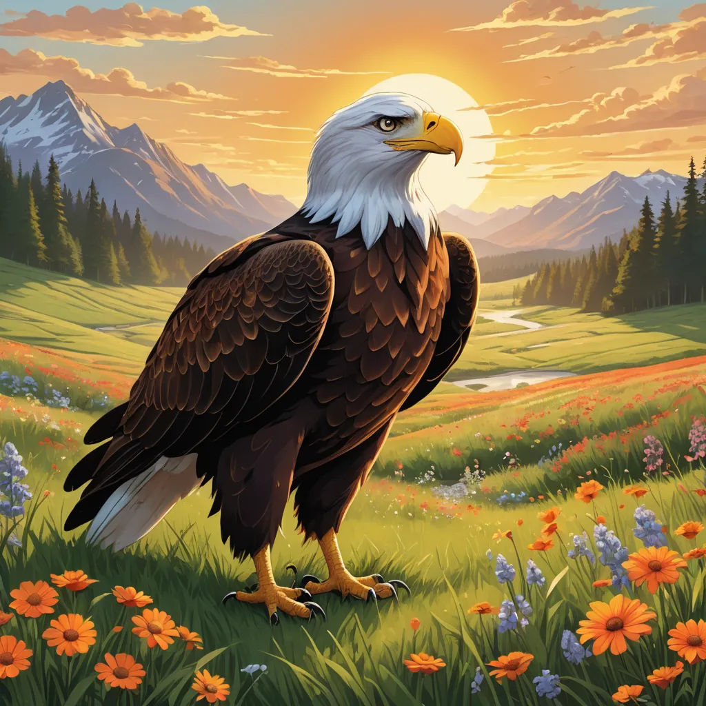 a painting of an eagle standing in a field of flowers and grass with a sunset in the background and a mountain range in the distance, american scene painting, an airbrush painting, Americo Makk, official art