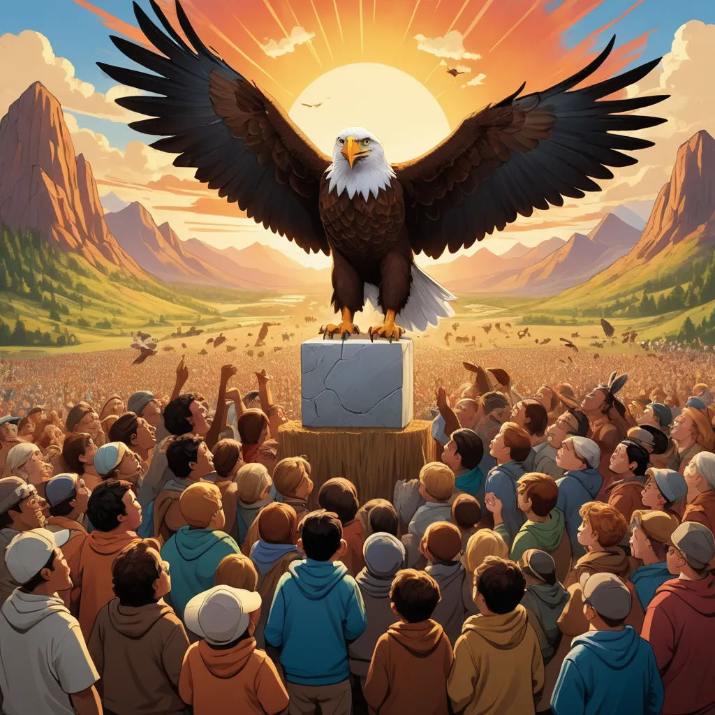 a painting of an eagle on a pedestal surrounded by people in a field with mountains and trees in the background, american scene painting, a storybook illustration, Dan Mumford, rossdraws global illumination
