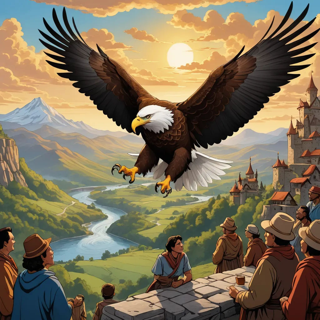 a painting of a bald eagle flying over a group of people looking at it from a castle wall with a river below, fantasy art, a storybook illustration, Brothers Hildebrandt, storybook illustration
