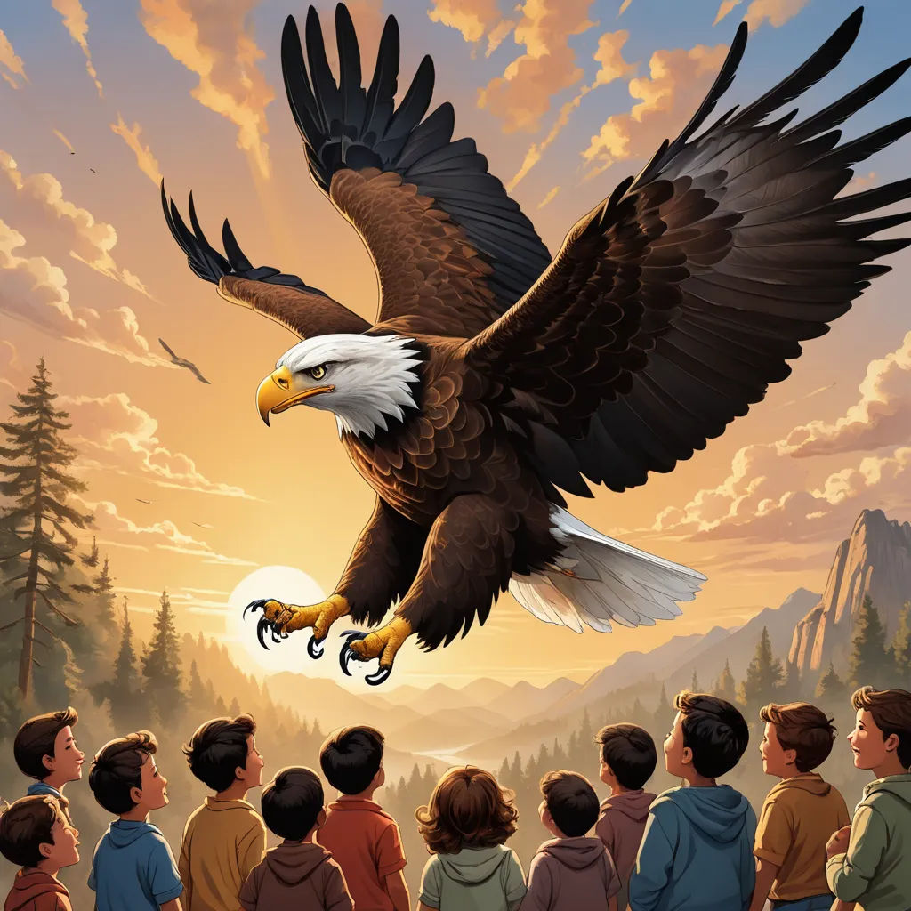 a painting of a bald eagle flying over a group of people in a forest with a sunset in the background, american scene painting, a storybook illustration, Brothers Hildebrandt, storybook illustration
