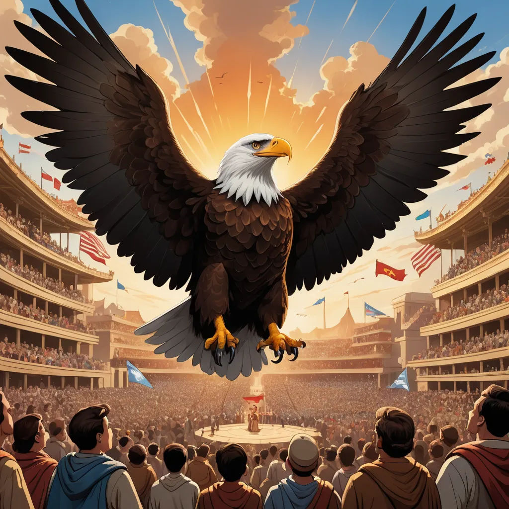 a large eagle is flying over a crowd of people in a stadium with a stadium full of people watching, american romanticism, concept art, Chris LaBrooy, rossdraws global illumination