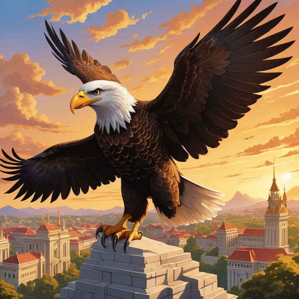 a painting of an eagle on a building with a sunset in the background and clouds in the sky above, american scene painting, a detailed matte painting, Anne Stokes, city background