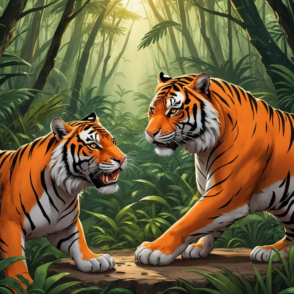 two tigers are walking in the jungle together, with the sun shining through the trees behind them and the jungle floor is covered with green grass and trees, furry art, a digital painting, Brothers Hildebrandt, highly detailed digital painting