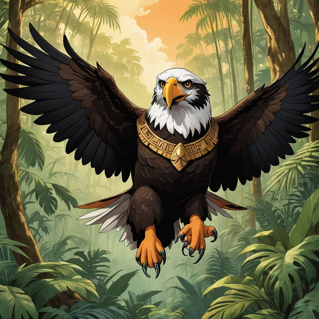 a large eagle with a golden collar in a jungle setting with trees and plants around it, with a golden collar on its chest, fantasy art, egyptian art, Chris LaBrooy, official art