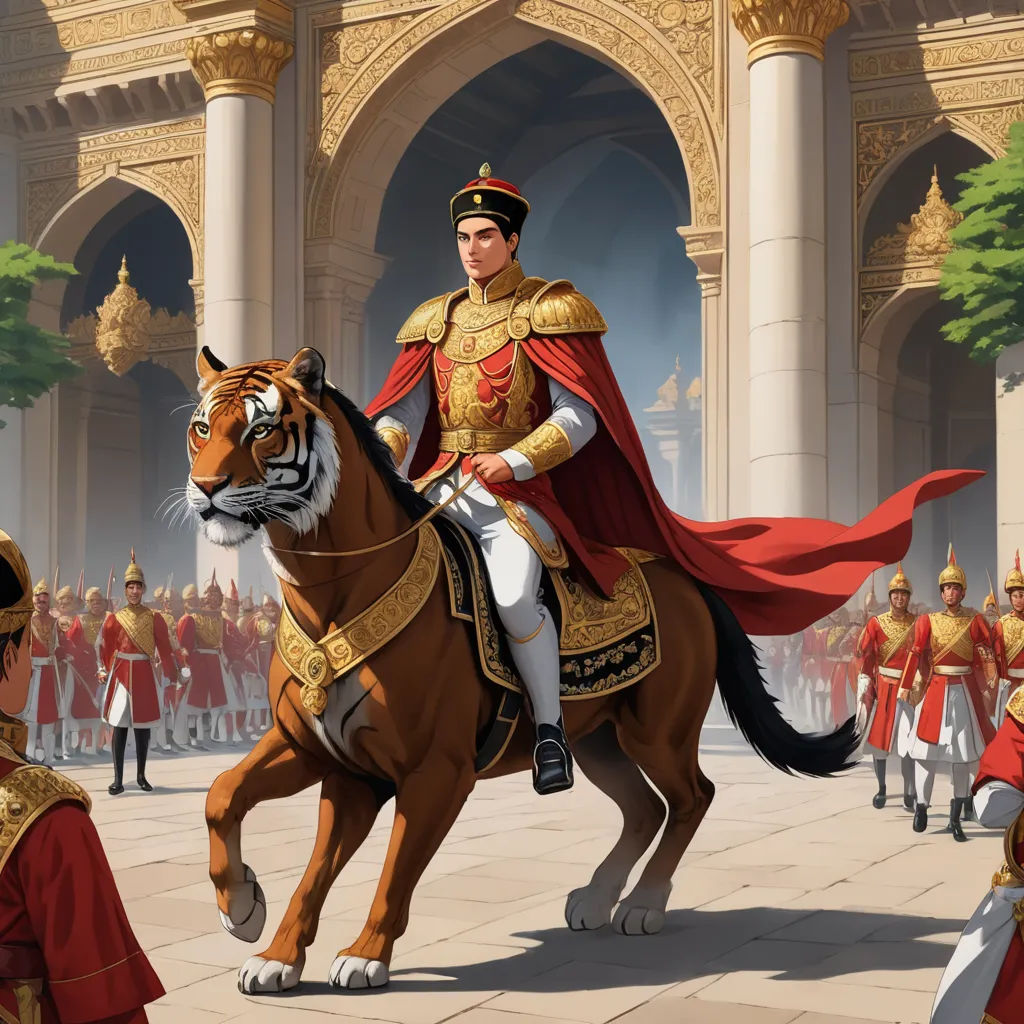 a man in a red cape riding a horse with a tiger in front of him and a crowd of people, sumatraism, concept art, Altoon Sultan, official art