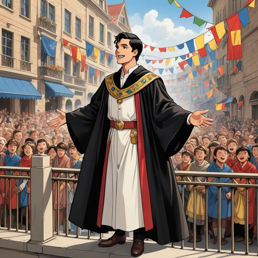 a cartoon of a man in a robe standing in front of a crowd of people in a town square, excessivism, a comic book panel, Cedric Seaut (Keos Masons), official art