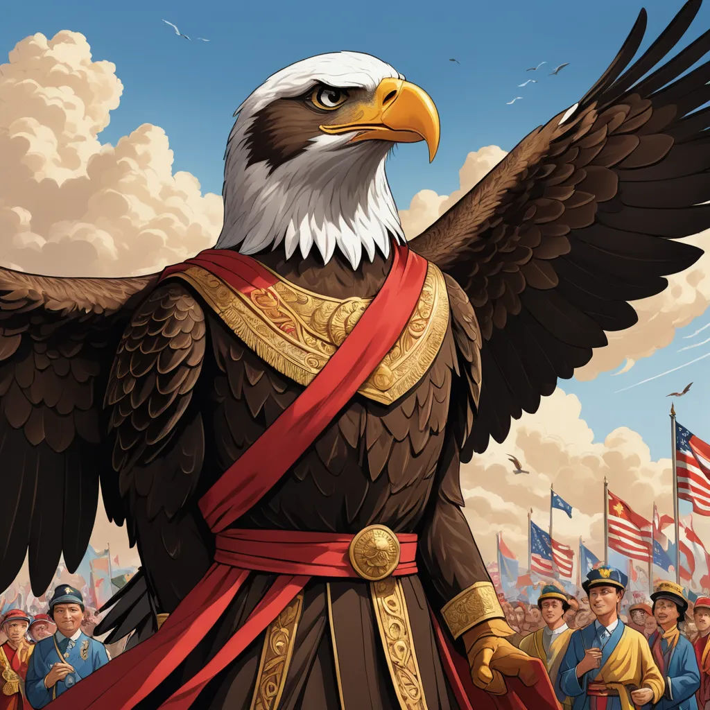 a cartoon of a bald eagle with a red sash around his neck and a crowd of people behind him, symbolism, a storybook illustration, Chris LaBrooy, high detail illustration