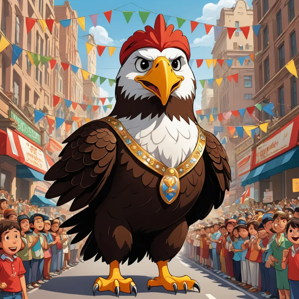 a cartoon eagle with a crown on its head and a crowd of people watching it on a street with flags, american scene painting, concept art, Chris LaBrooy, promotional image
