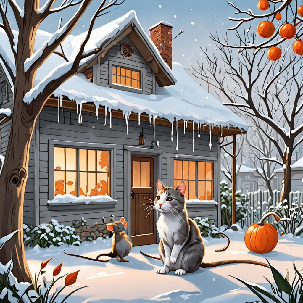a cat sitting in front of a house with a mouse and a mouse on the ground in front of it, Chris LaBrooy, folk art, a storybook illustration, storybook illustration