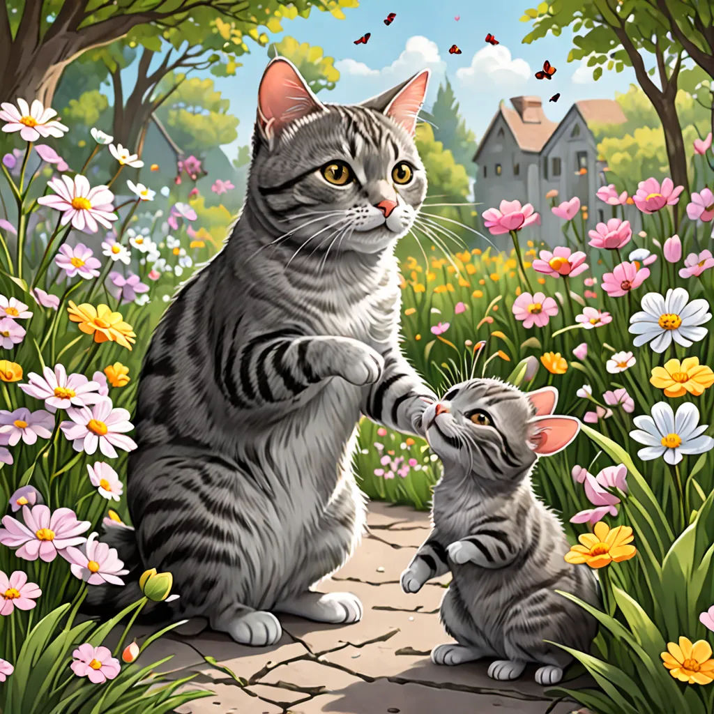 a cat and a kitten are playing in a field of flowers and flowers with a house in the background, Anne Said, sots art, a storybook illustration, official art