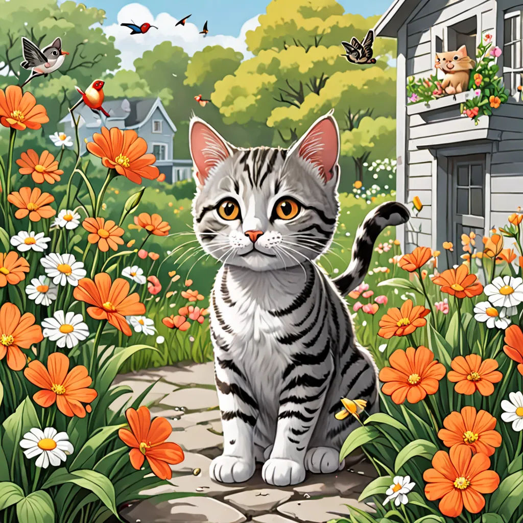 a cat is standing in a garden with flowers and birds around it, and a house in the background, Annabel Kidston, naive art, a storybook illustration, game art