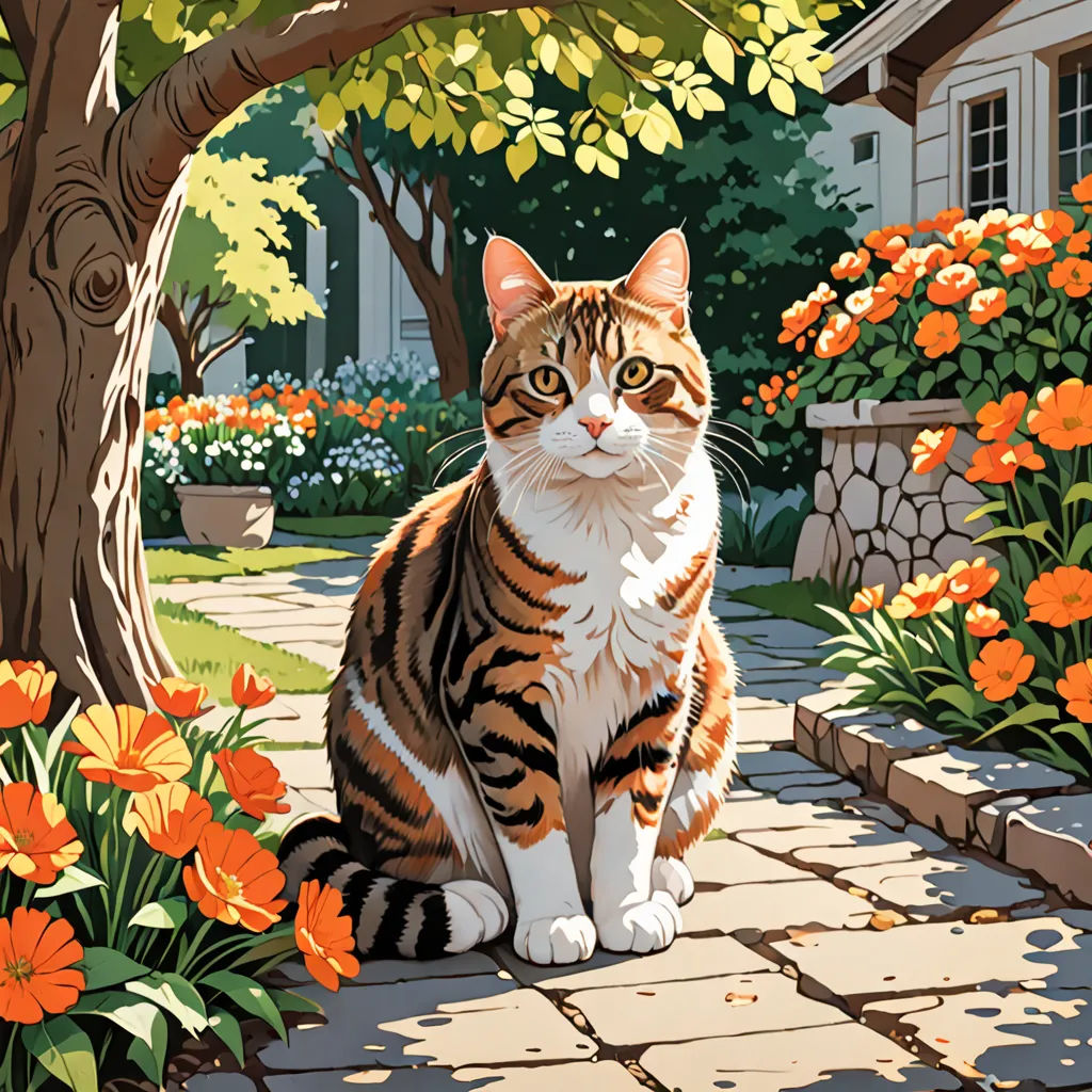 a cat sitting on a brick walkway in a garden with flowers and trees in the background, with a house in the background, Chris LaBrooy, american scene painting, a storybook illustration, in gouache detailed paintings