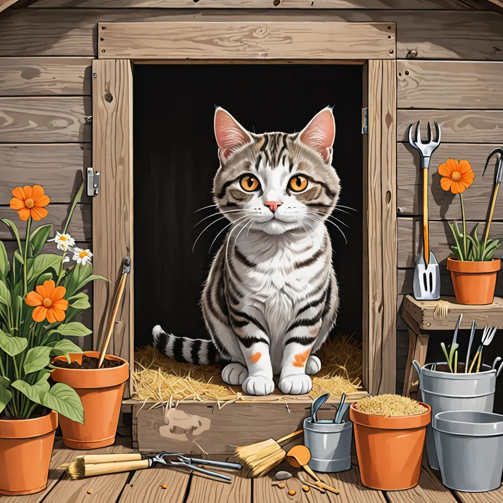 a cat sitting in a wooden shed surrounded by flowers and gardening tools and a garden tool box with a cat in it, Bob Thompson, sots art, a storybook illustration, highly detailed digital painting