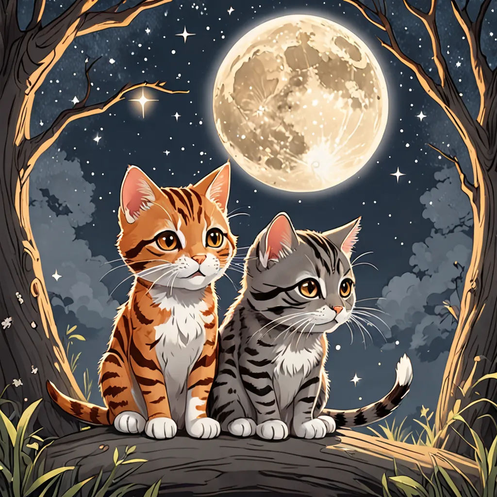 two cats sitting on a log in front of a full moon and tree with stars and a full moon, Annabel Kidston, space art, a storybook illustration, game art