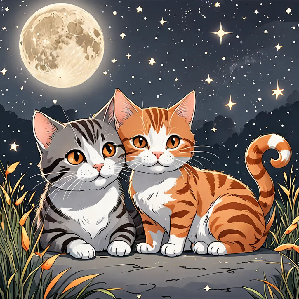 two cats sitting on a rock under the moon and stars illustration by hand drawing style illustration of two cats sitting on a rock under the moon and stars, Annabel Kidston, space art, a storybook illustration, stars