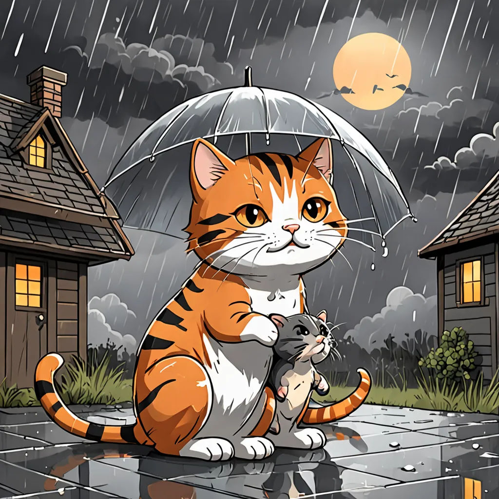 a cat sitting on a tile holding an umbrella in the rain with a mouse in its paws, and a house in the background, Anne Stokes, sots art, a storybook illustration, rain