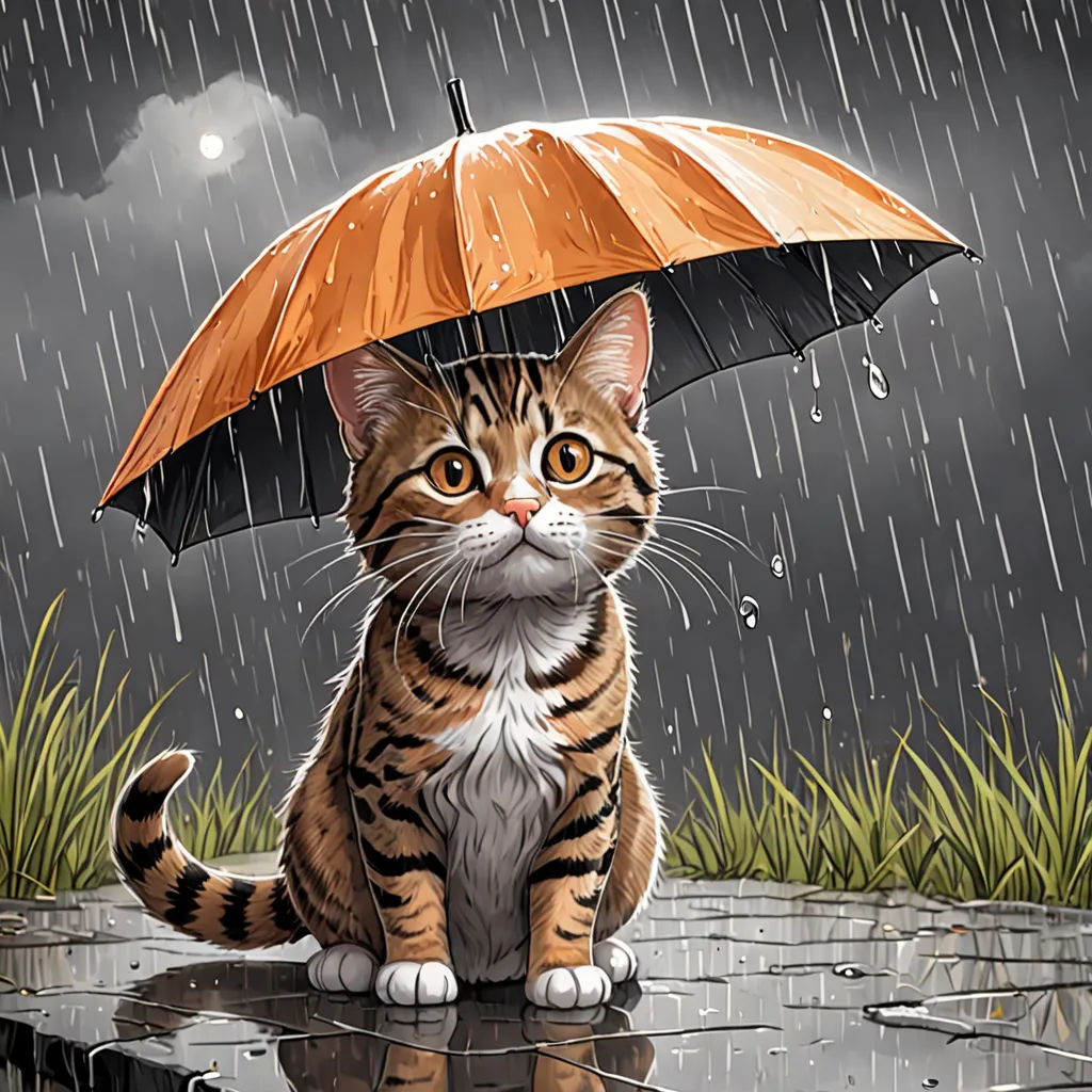 a cat sitting on a wet ground holding an umbrella in the rain, with grass and a dark sky in the background, Chris LaBrooy, furry art, a storybook illustration, ultra realistic illustration