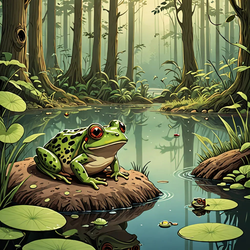 a frog sitting on a rock in a swampy area with lily pads and a pond in the foreground, fantasy art, a storybook illustration, Andries Stock, storybook illustration