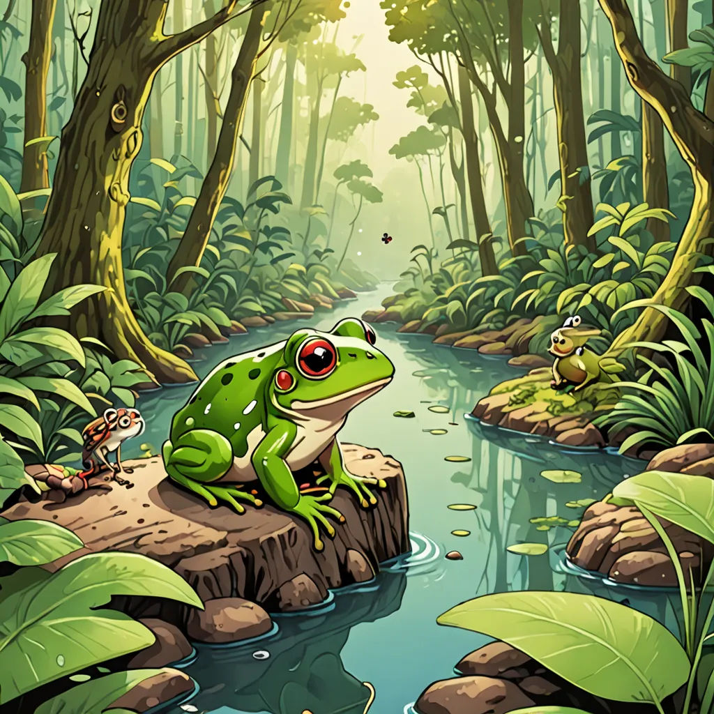 a frog sitting on a rock in a forest with other frogs around it and a stream running through the forest, fantasy art, a storybook illustration, Andries Stock, 2 d game art