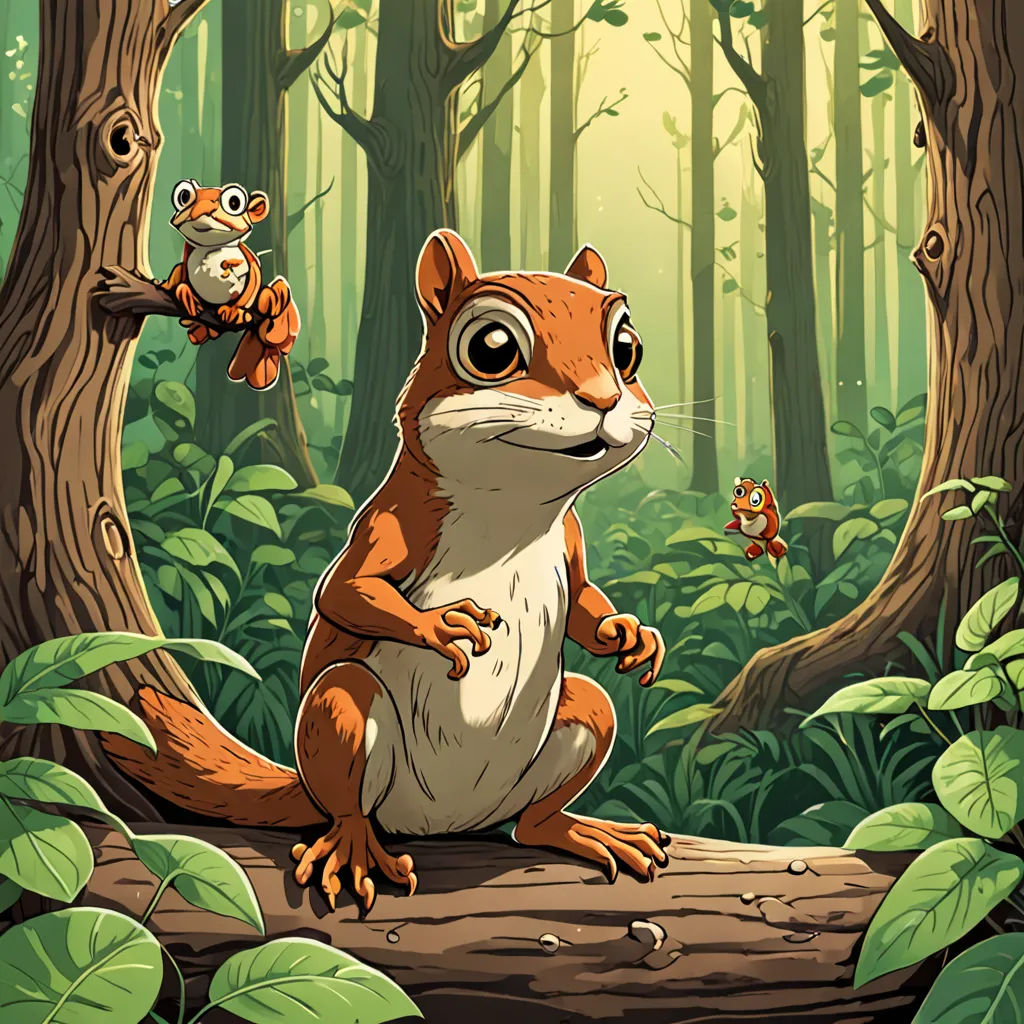 a squirrel and a frog are in the forest together, and one is on a log and the other is on a branch, sots art, a storybook illustration, Chris LaBrooy, official art
