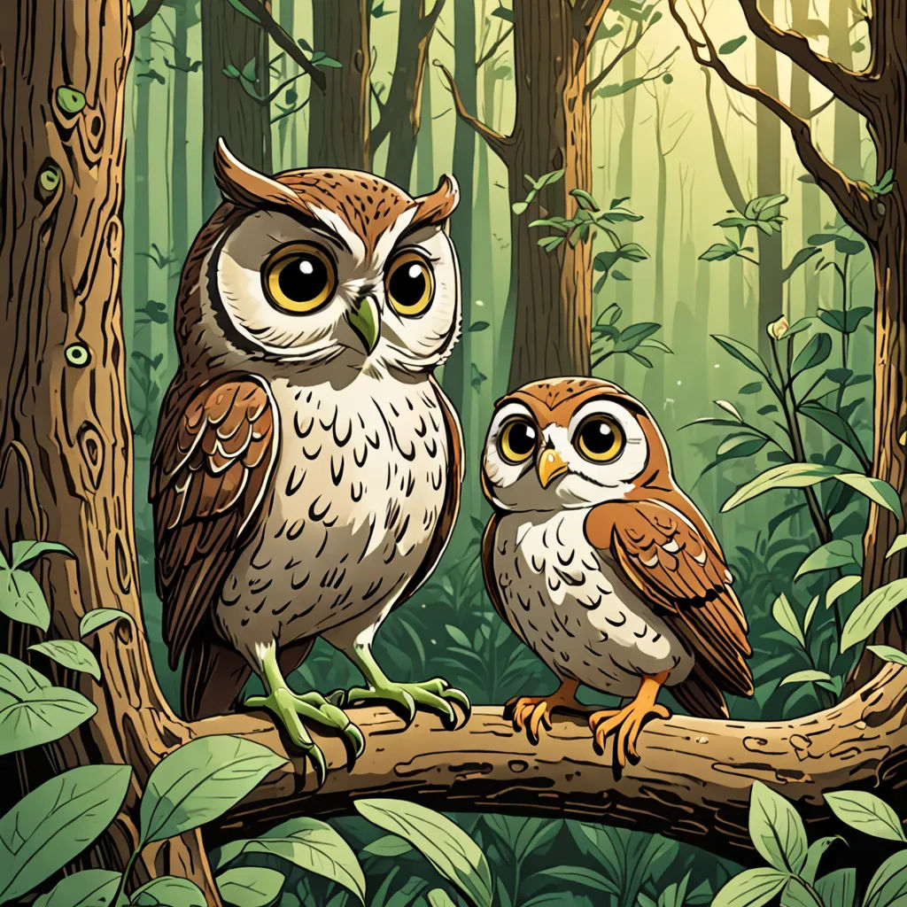 two owls sitting on a branch in a forest with green leaves and trees in the background, one of them is looking at the camera, fantasy art, a storybook illustration, Dan Mumford, josan gonzales and dan mumford