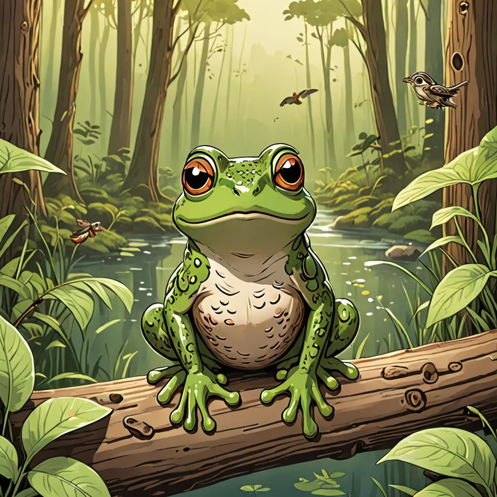 a frog sitting on a log in a forest with a pond and birds flying around it and a forest background, fantasy art, a storybook illustration, Andries Stock, storybook illustration