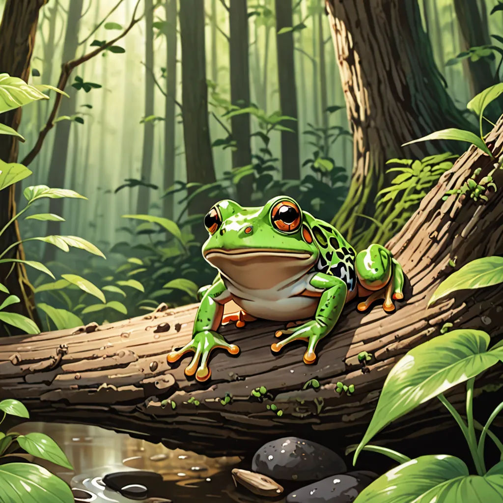 a frog sitting on a log in a forest with a stream running through it and a forest background with trees and rocks, fantasy art, a storybook illustration, Andries Stock, magic the gathering artwork