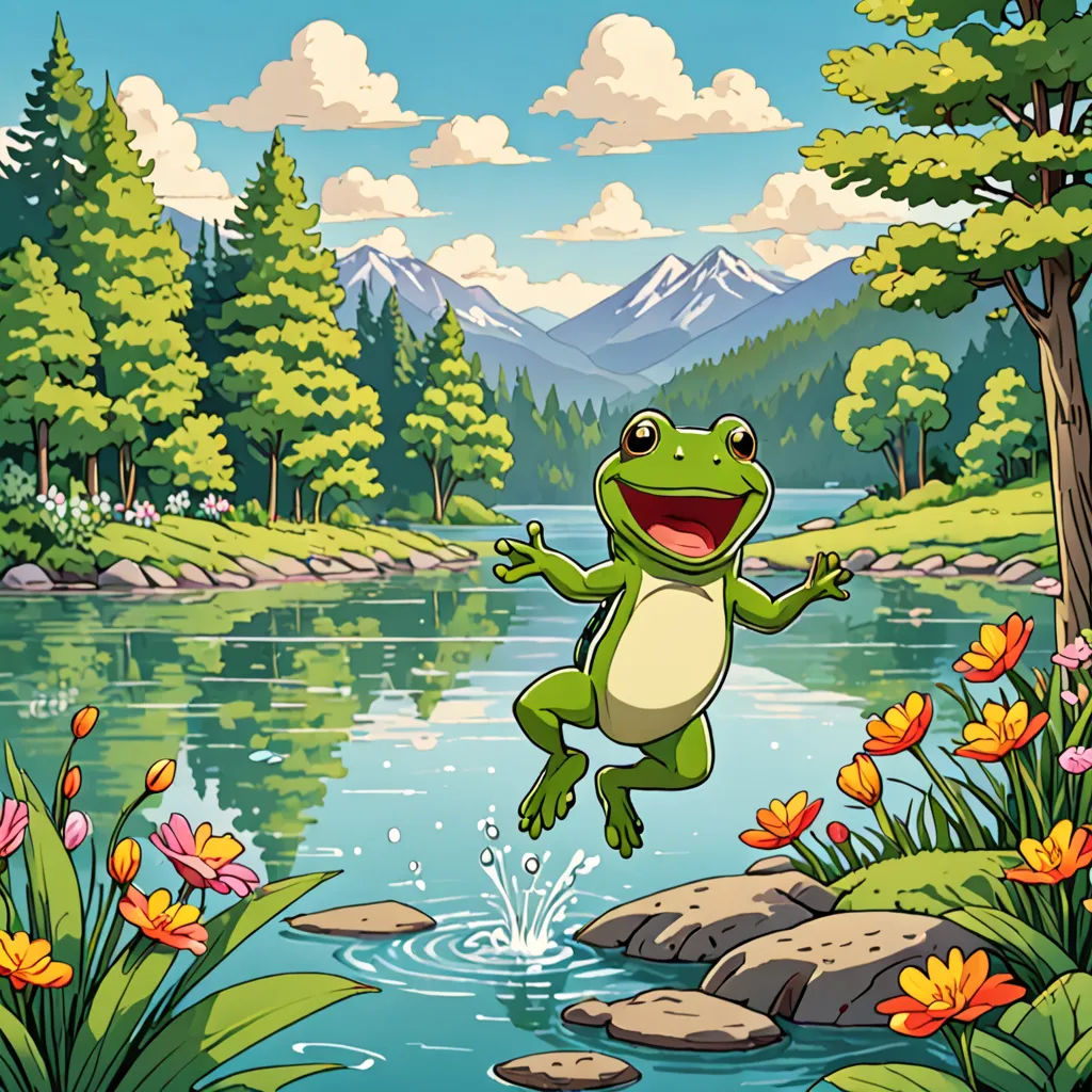 a frog jumping into a pond with a mountain in the background and flowers in the foreground, and a forest with flowers and trees, and a few clouds, and a few, environmental art, a storybook illustration, Andries Stock, storybook illustration