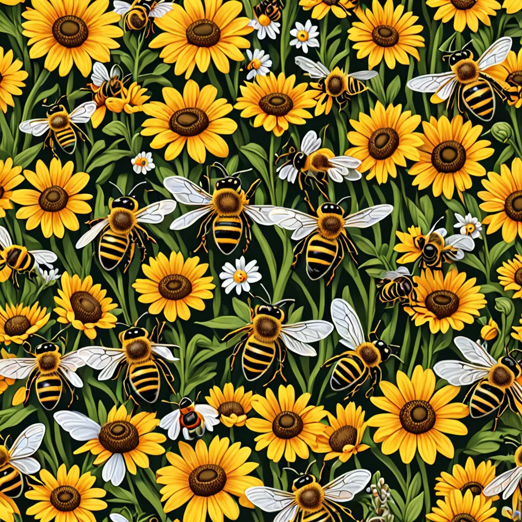a bunch of bees and sunflowers on a field of grass and flowers with bees on them,, ecological art, a storybook illustration, Annabel Kidston, highly detailed digital art