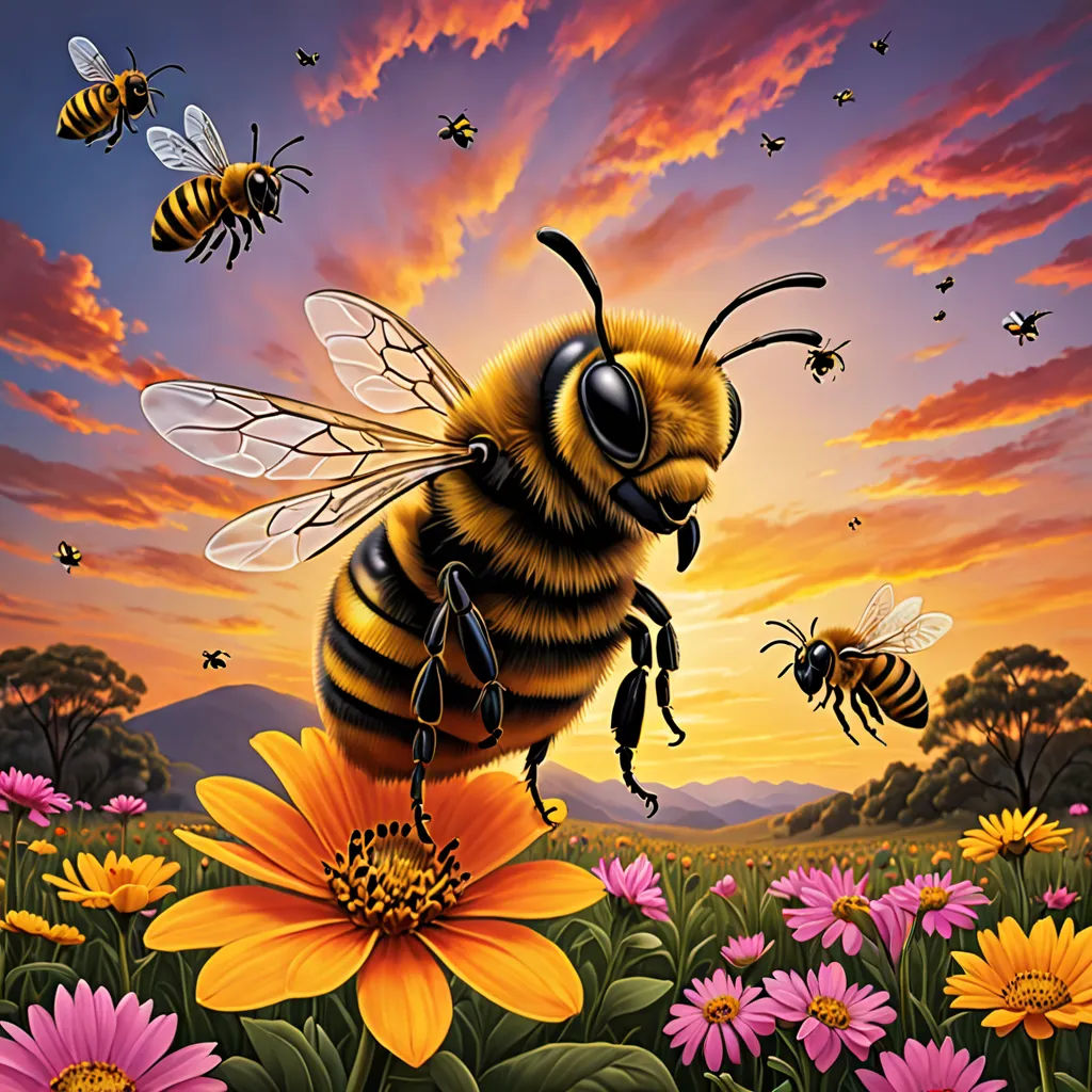 a painting of a bee flying over a flower field with bees flying around it and a sunset in the background, pop surrealism, an airbrush painting, Anne Stokes, highly detailed digital painting