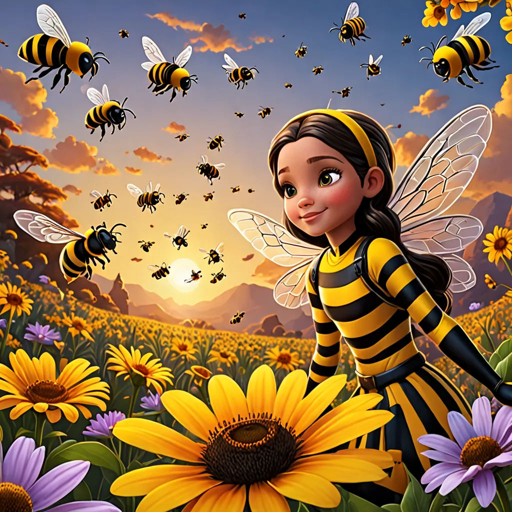 a cartoon picture of a bee with a bee suit on and a bunch of bees flying around her in a field of flowers, pop surrealism, a storybook illustration, Bob Thompson, promotional image