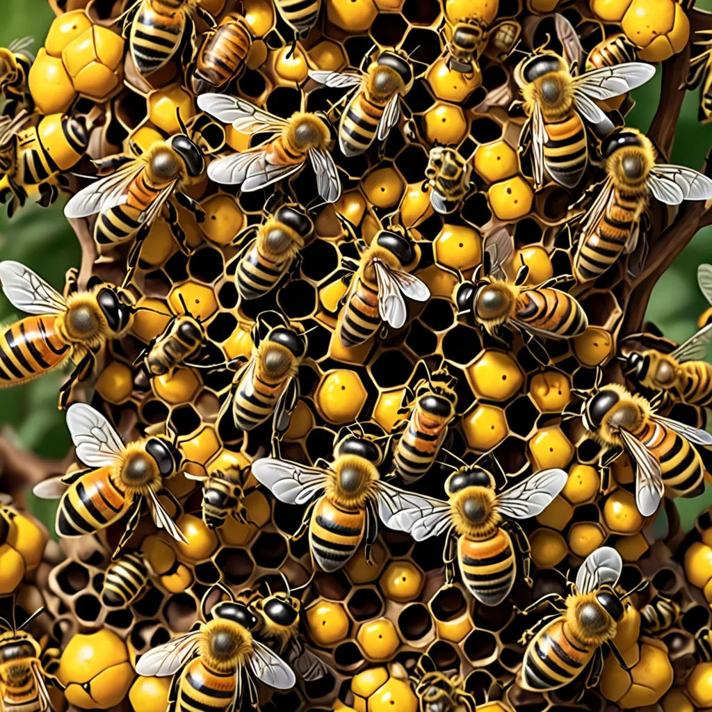 a bunch of bees that are on a tree branch together in a cluster of honeybees that are all yellow and black, ecological art, a macro photograph, Christopher Williams, award-winning photograph