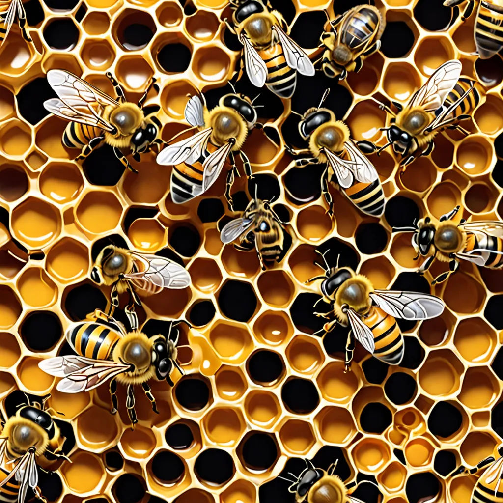a bunch of bees that are on a honeycomb together in a honeycomb with honey cells in the background, generative art, a 3D render, Arie Smit, highly detailed digital painting