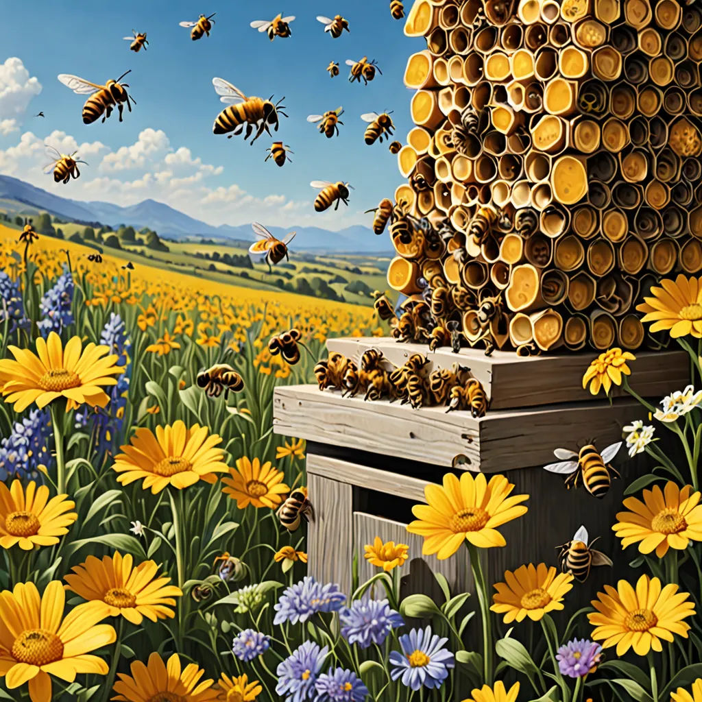 a painting of bees flying around a beehive in a field of flowers and daisies with bees flying around, pop surrealism, an airbrush painting, Dan Mumford, highly detailed digital painting