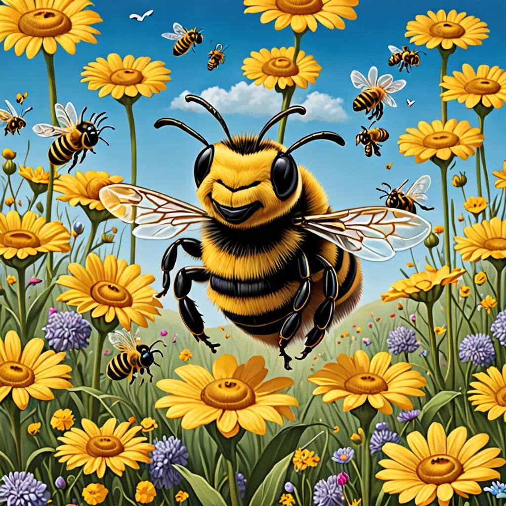 a painting of a bee flying over a field of flowers and bees in the sky above it is a field of yellow flowers, pop surrealism, an airbrush painting, Anne Stokes, highly detailed digital art