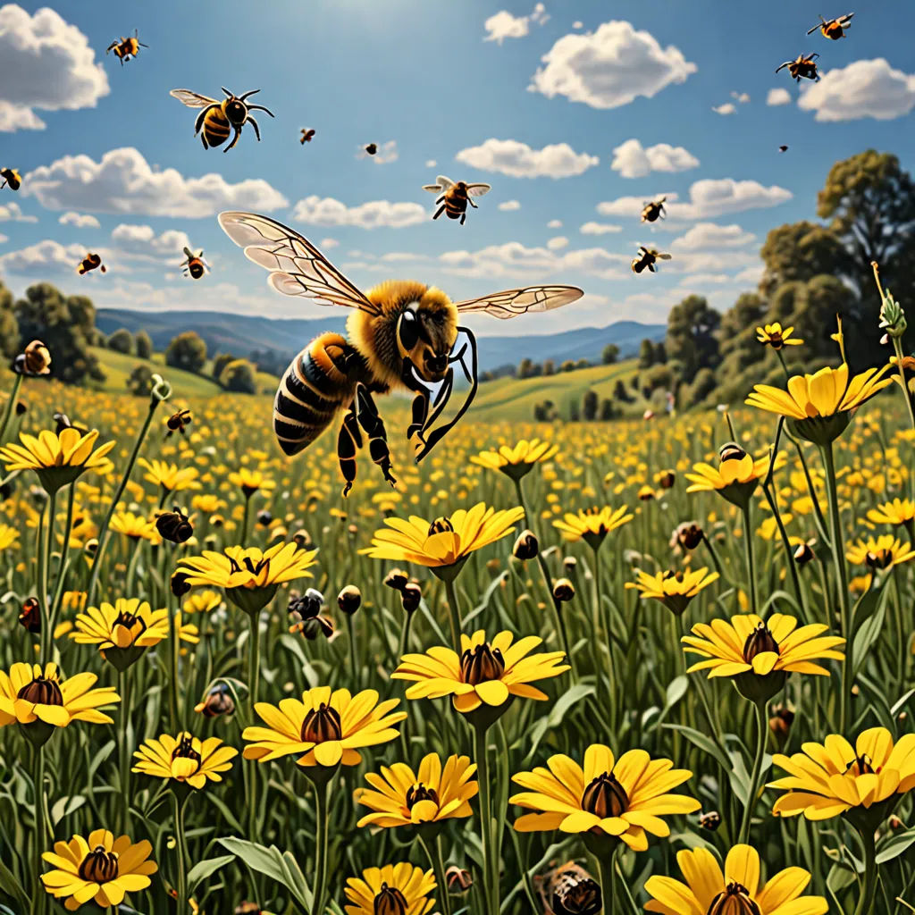 a painting of a bee flying over a field of flowers with bees flying around it and a sunflower in the foreground, ecological art, a detailed matte painting, Chris LaBrooy, highly detailed digital painting