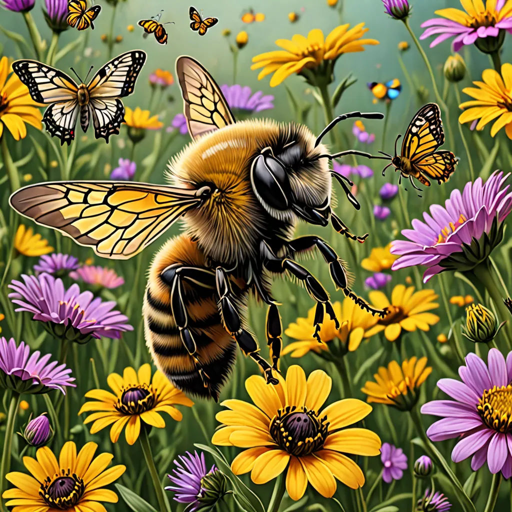 a painting of a bee flying over a field of flowers with butterflies flying around it and a full moon in the background, ecological art, an illustration of, David A Hardy, highly detailed digital painting