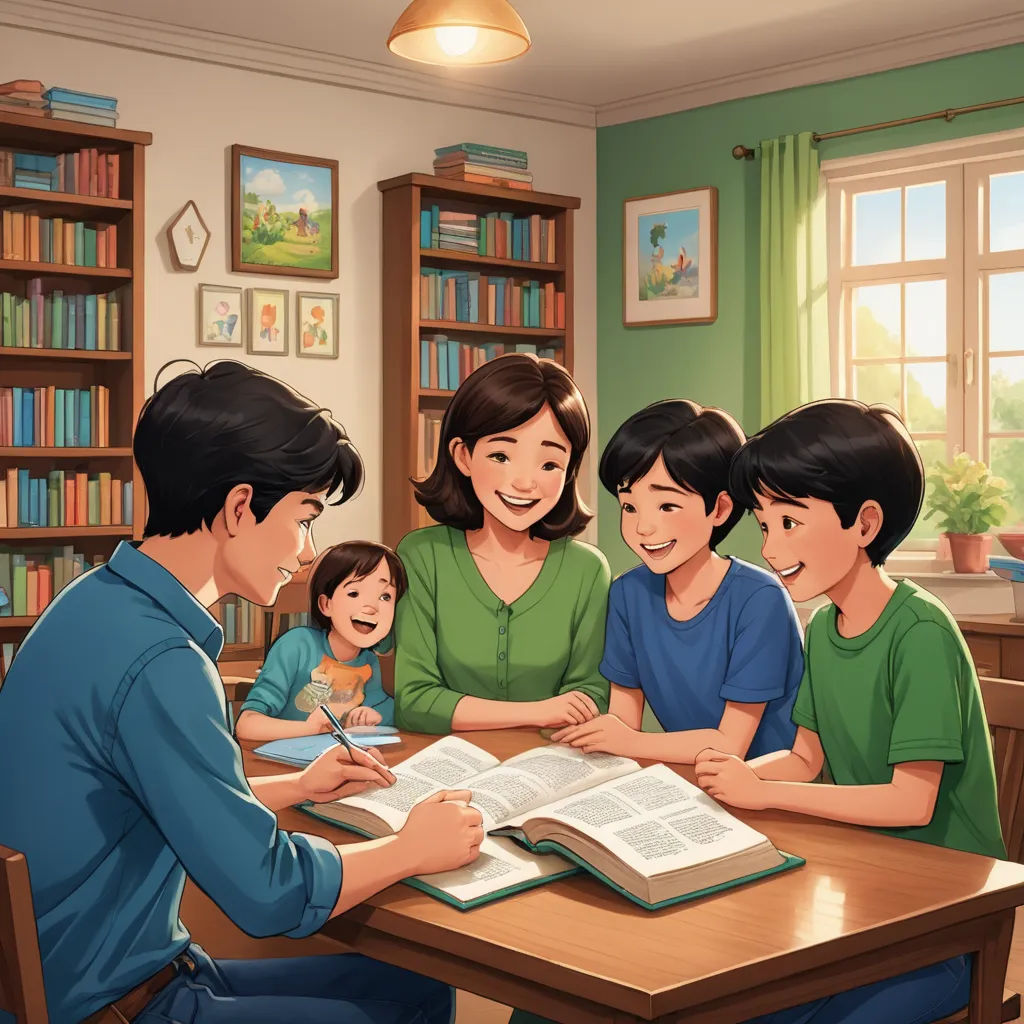 a family is sitting at a table reading a book together, with a child in the foreground and a man in the background, american scene painting, a storybook illustration, Byeon Sang-byeok, official art