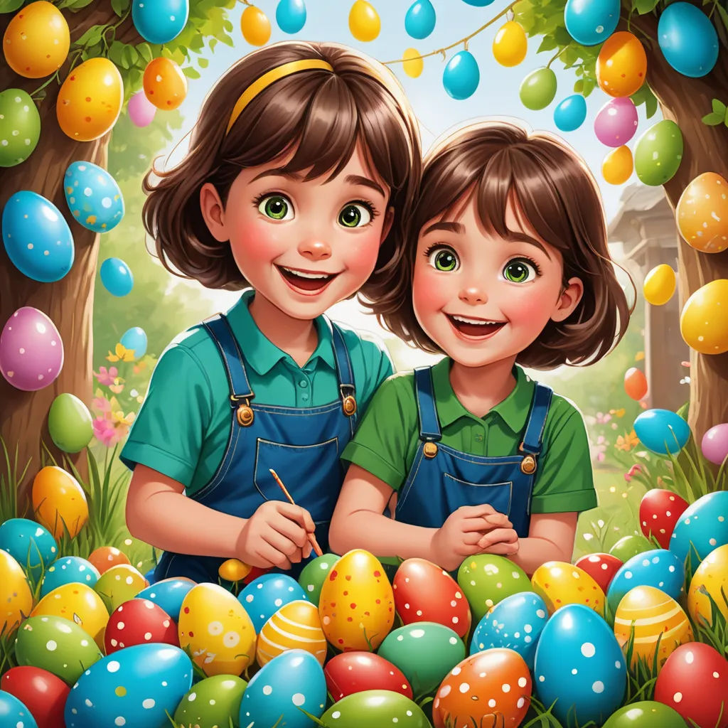 a couple of kids standing next to each other in front of a bunch of eggs with a house in the background, lyco art, a detailed painting, Brothers Hildebrandt, highly detailed digital painting