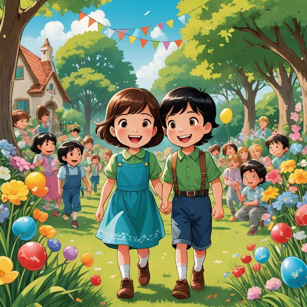a couple of kids walking through a park with balloons in the air and a crowd of people behind them, naive art, a storybook illustration, Anne Said, official art