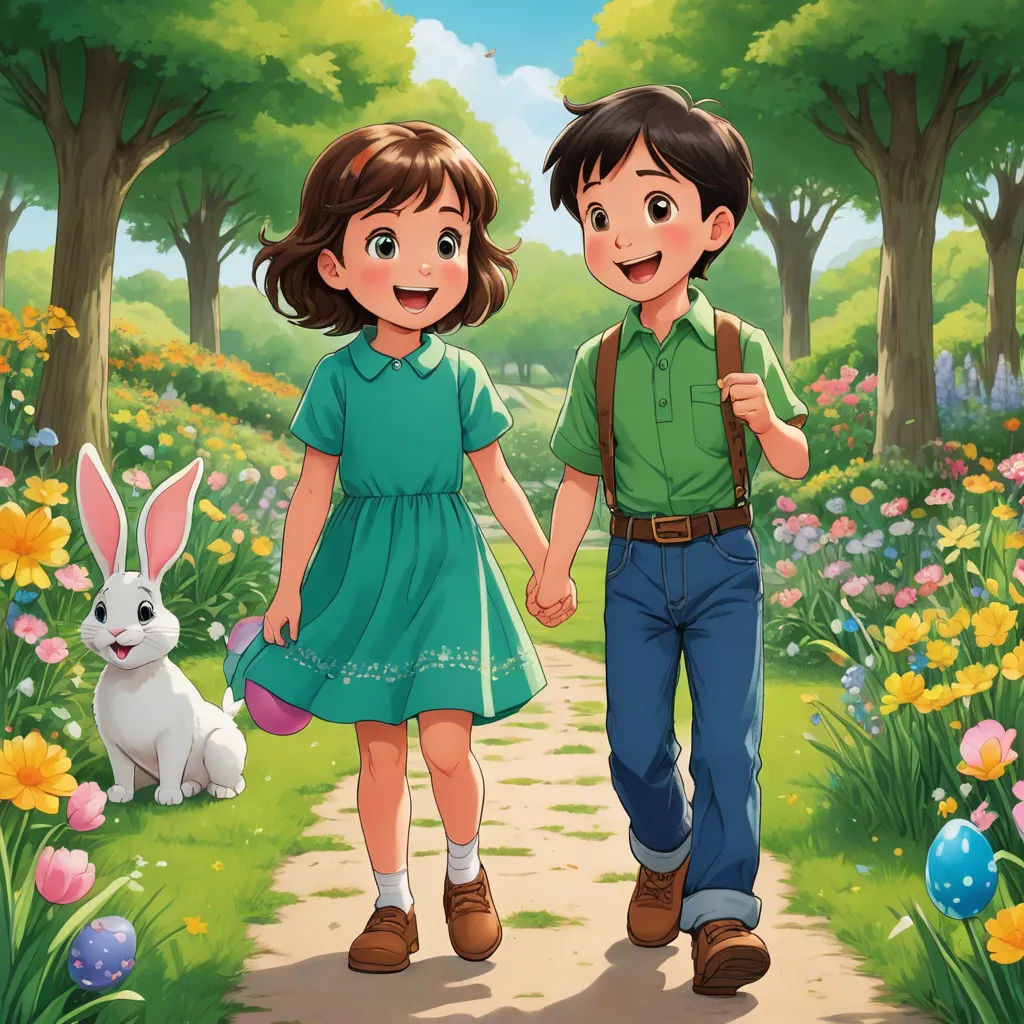 a boy and a girl are walking through a park with a bunny and a rabbit behind them holding hands, neo-romanticism, a storybook illustration, Anne Said, official art