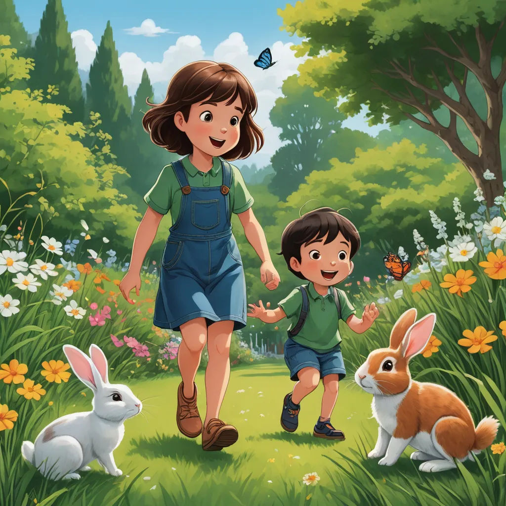 a little boy and girl walking through a field with rabbits and butterflies in the background, with a butterfly flying above them, plein air, a storybook illustration, Diego Gisbert Llorens, storybook illustration